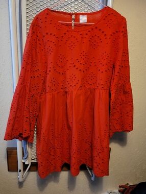 Eyelet Babydoll Tunic Dress in Vibrant Red